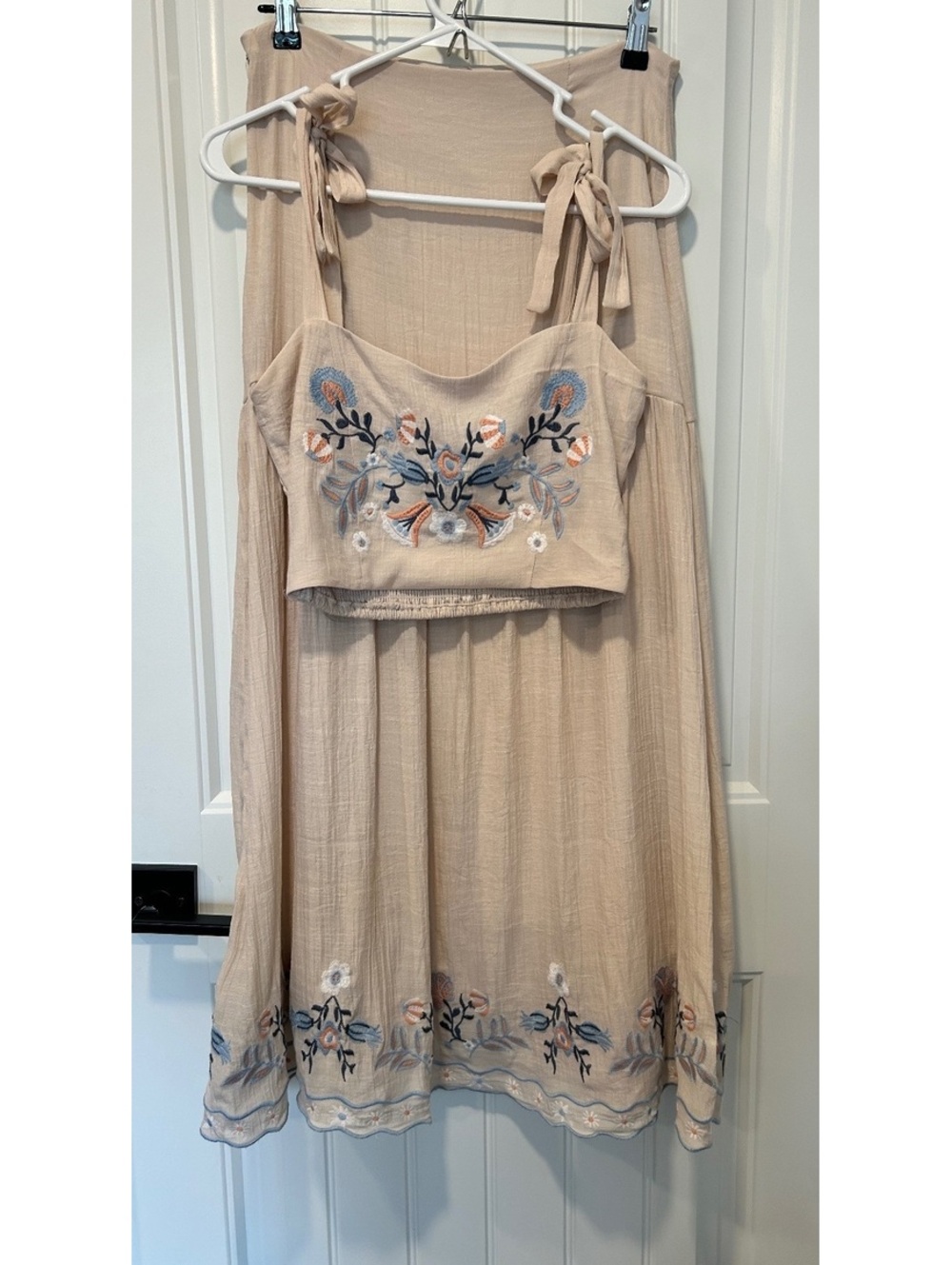 Natural linen blend skirt and cropped shoulder tie top embroidery festival